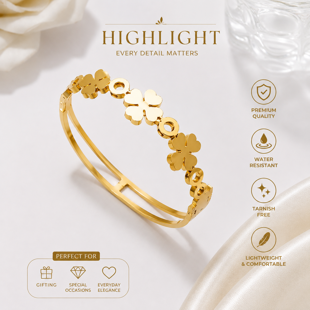 9K Gold Lucky Clover Bracelet for Women | Adjustable Designer Cuff