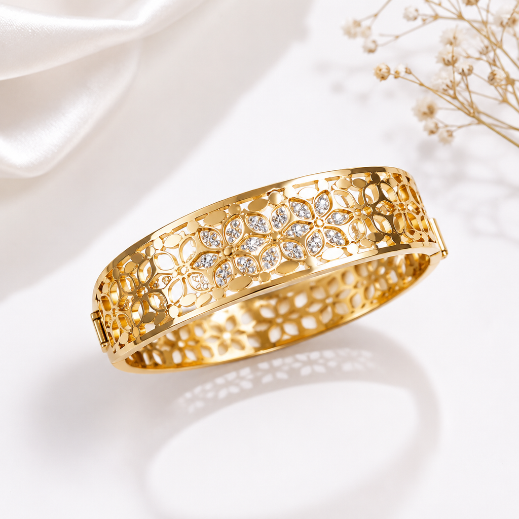 18K Gold Plated Floral Crystal Filigree Bangle | Premium Anti-Tarnish Bracelet for Women