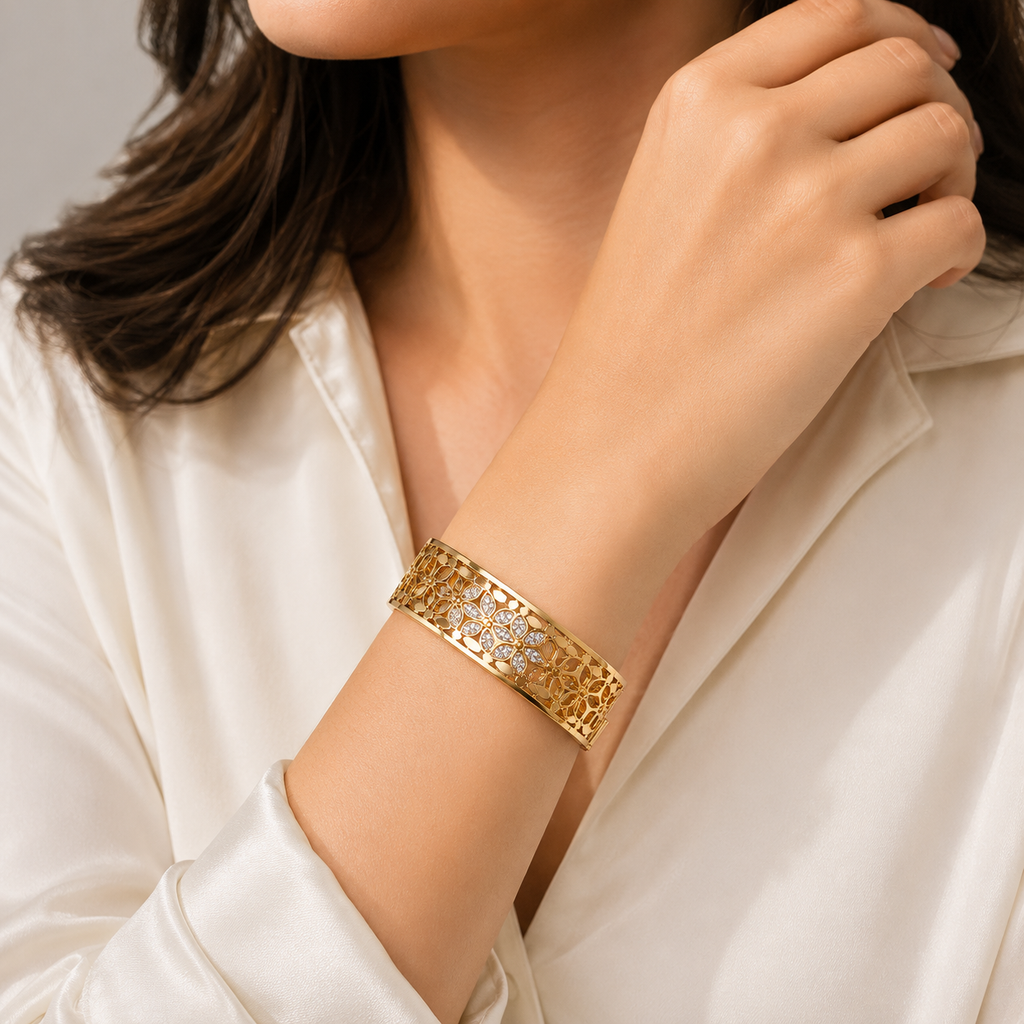 18K Gold Plated Floral Crystal Filigree Bangle | Premium Anti-Tarnish Bracelet for Women