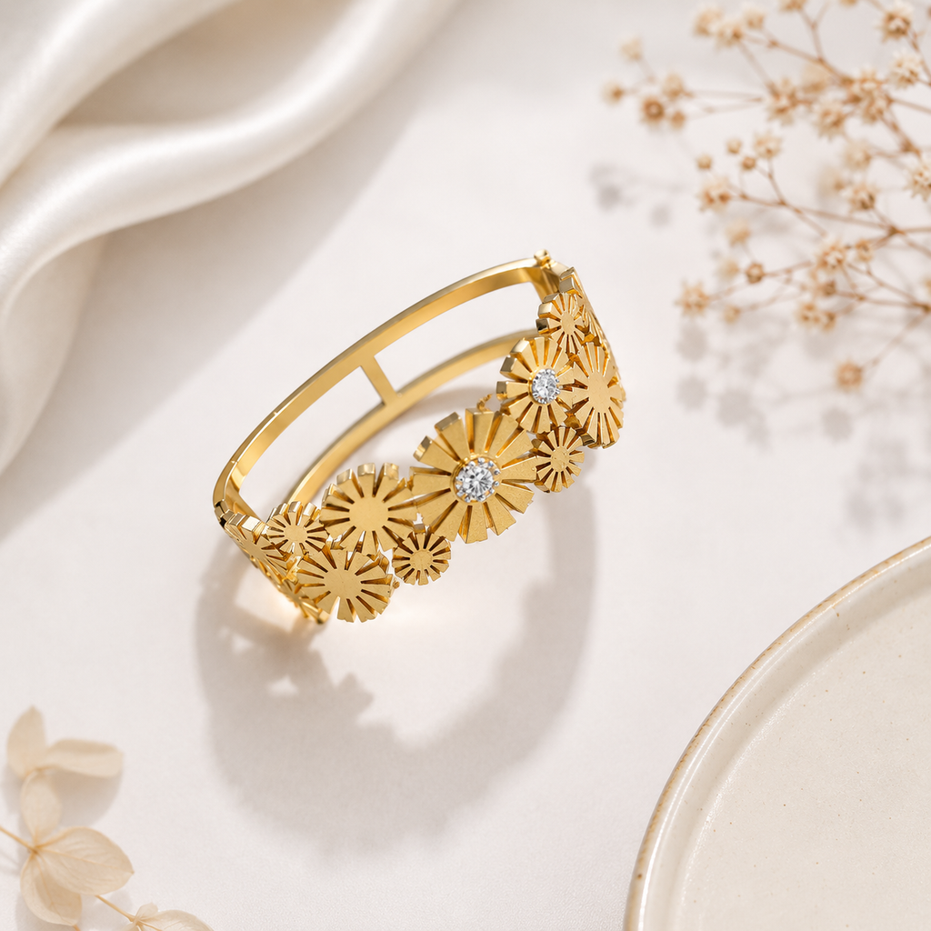 9K Gold Floral Bloom Open Cuff Bracelet for Women | Premium Adjustable Bracelet