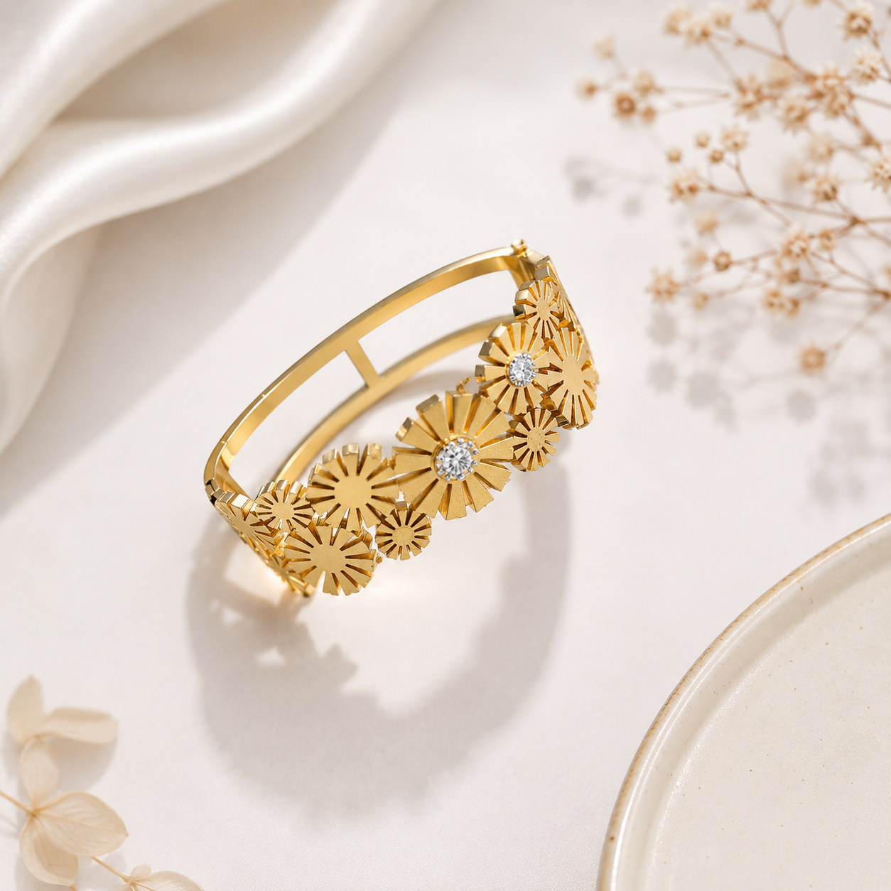 9K Gold Floral Bloom Open Cuff Bracelet for Women | Premium Adjustable Bracelet