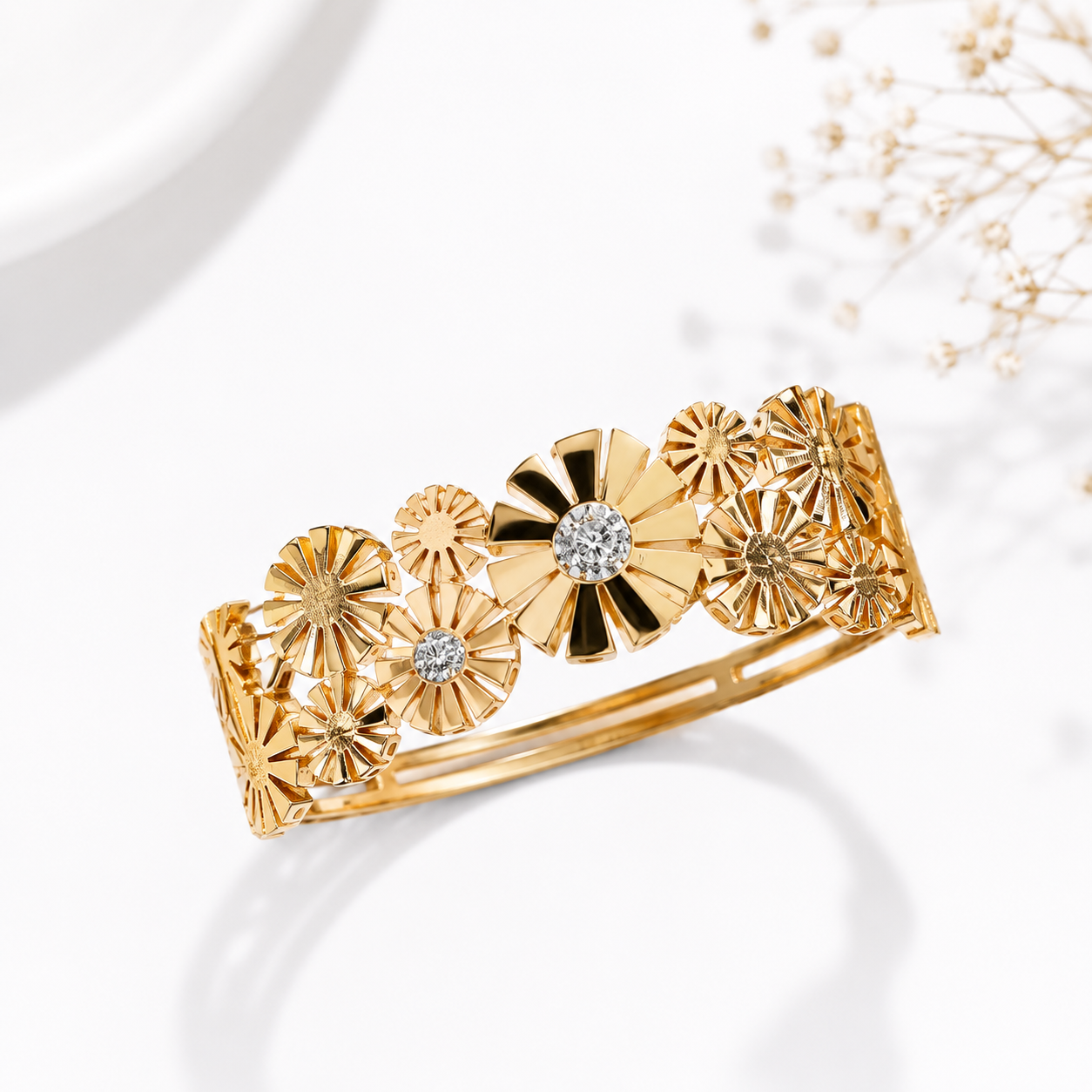 9K Gold Floral Bloom Open Cuff Bracelet for Women | Premium Adjustable Bracelet