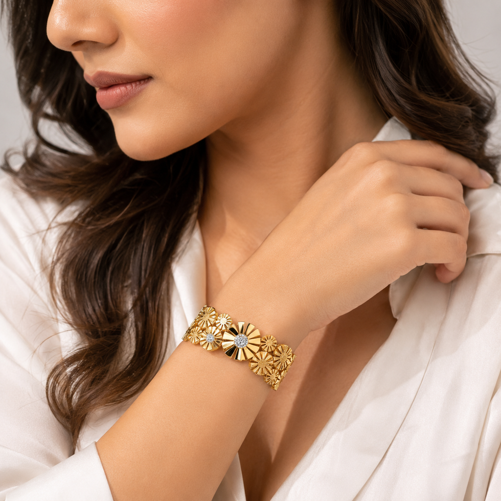 9K Gold Floral Bloom Open Cuff Bracelet for Women | Premium Adjustable Bracelet