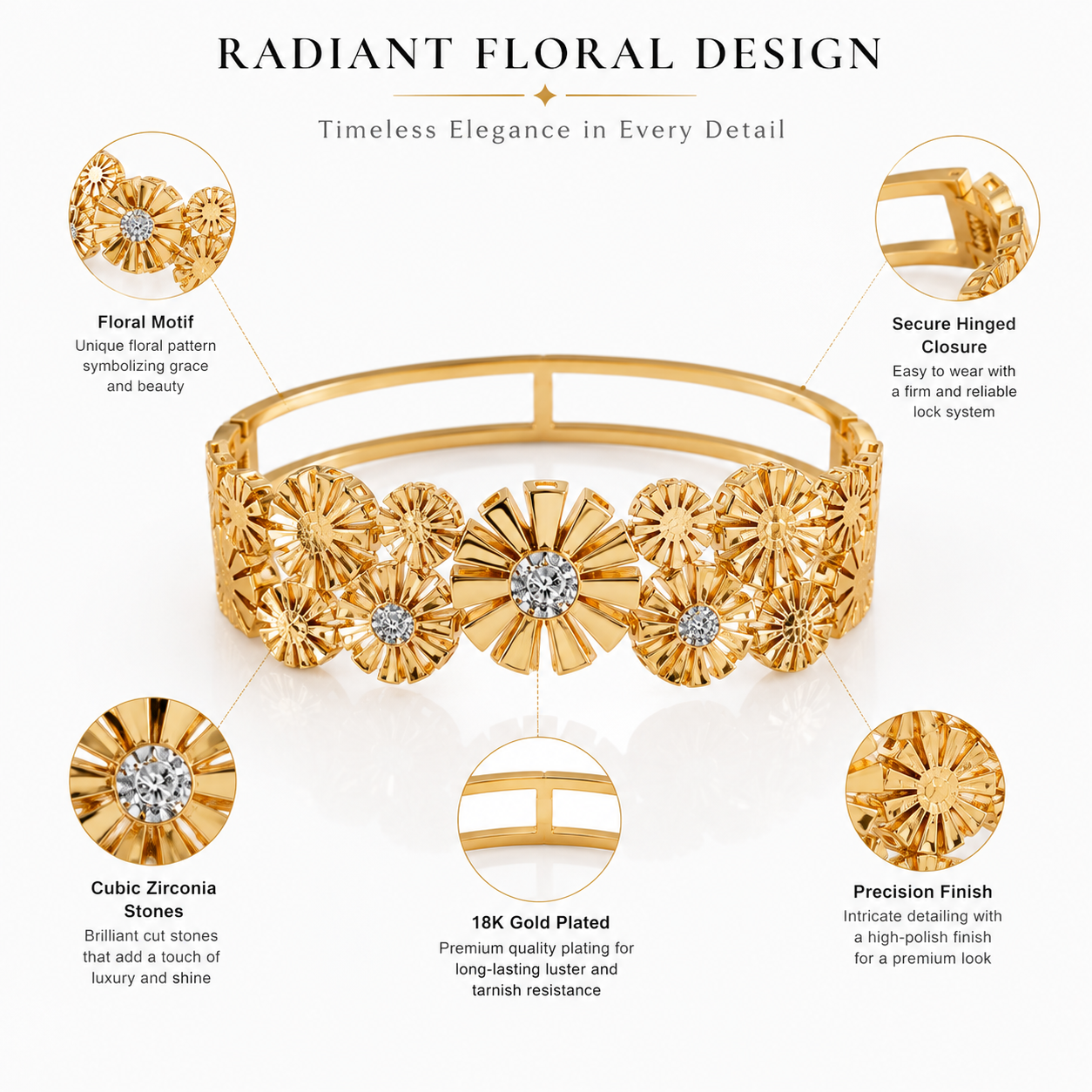 9K Gold Floral Bloom Open Cuff Bracelet for Women | Premium Adjustable Bracelet