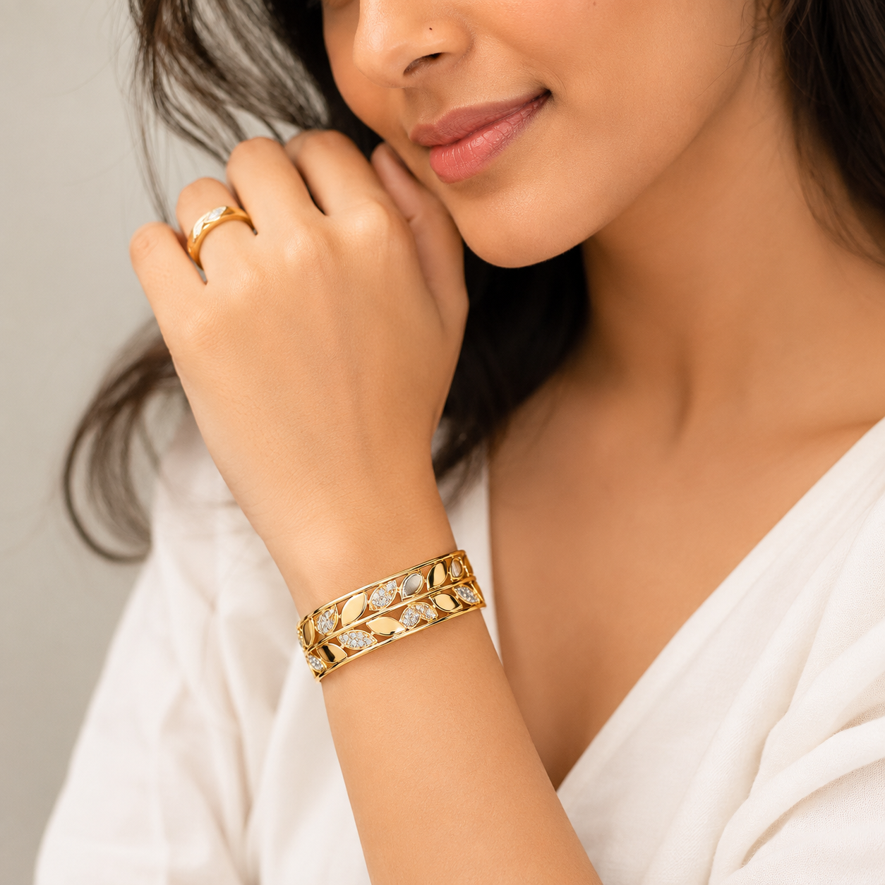 9K Gold Crystal Leaf Bracelet for Women | Adjustable Designer Cuff