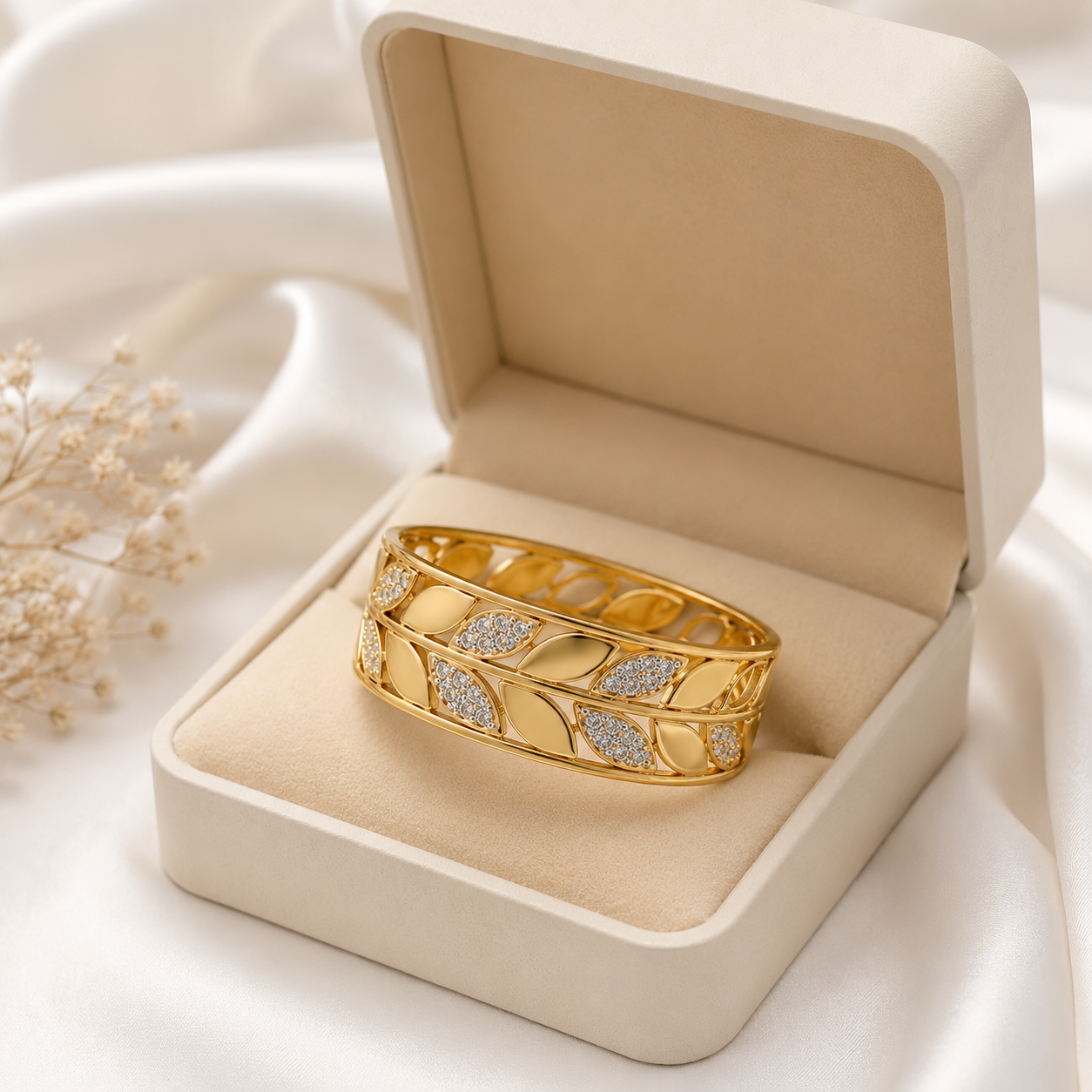 9K Gold Crystal Leaf Bracelet for Women | Adjustable Designer Cuff