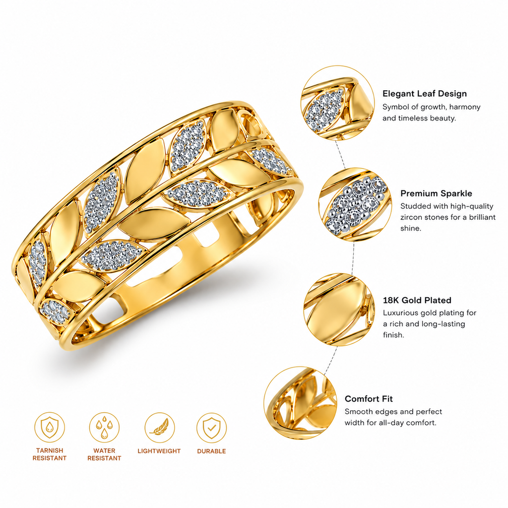 9K Gold Crystal Leaf Bracelet for Women | Adjustable Designer Cuff