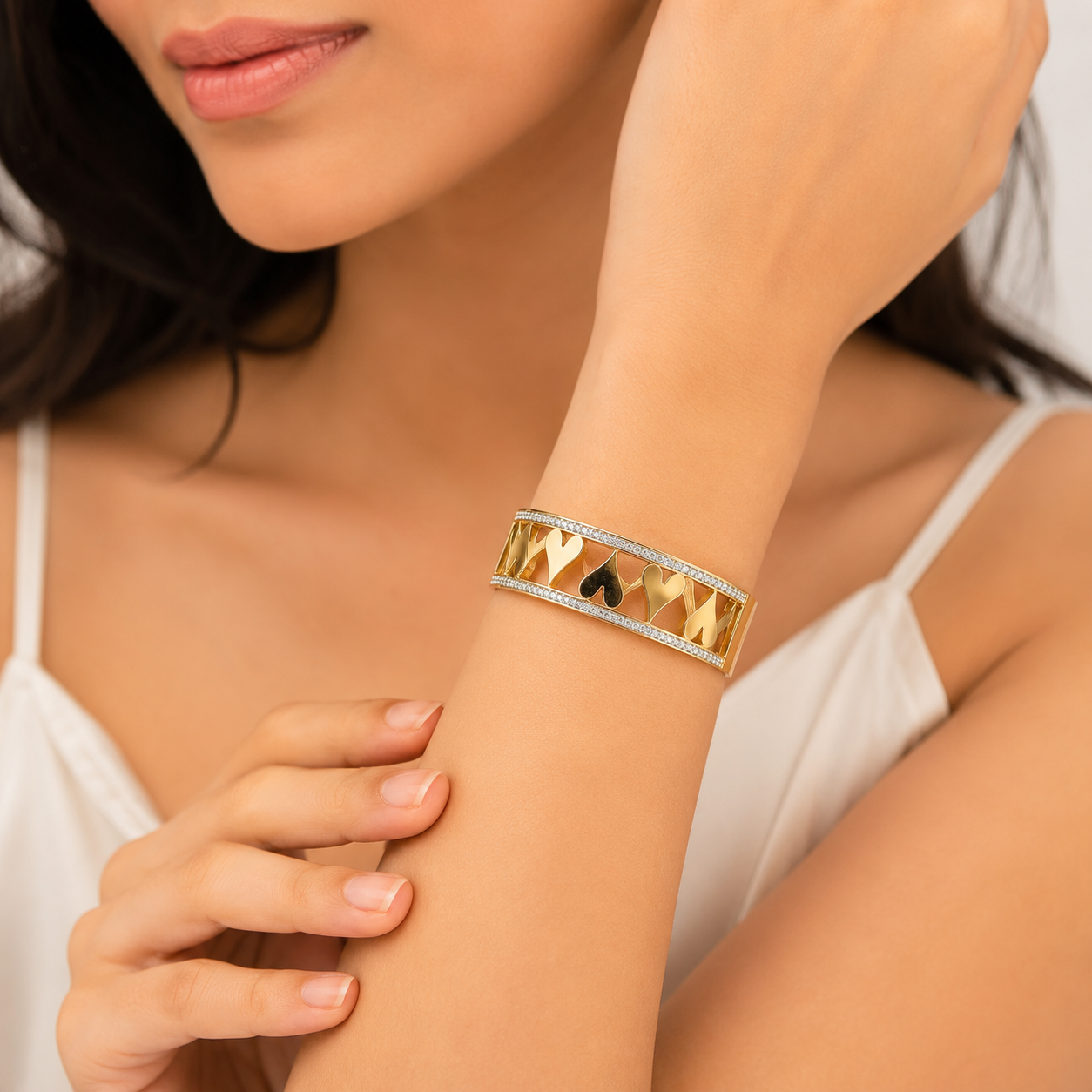 9K Gold Crystal Heart Bracelet for Women | Adjustable Love Cuff