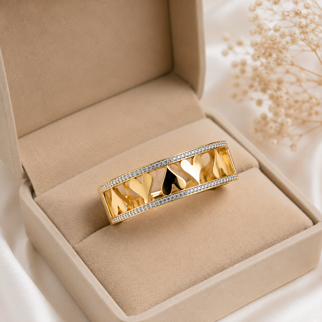 9K Gold Crystal Heart Bracelet for Women | Adjustable Love Cuff