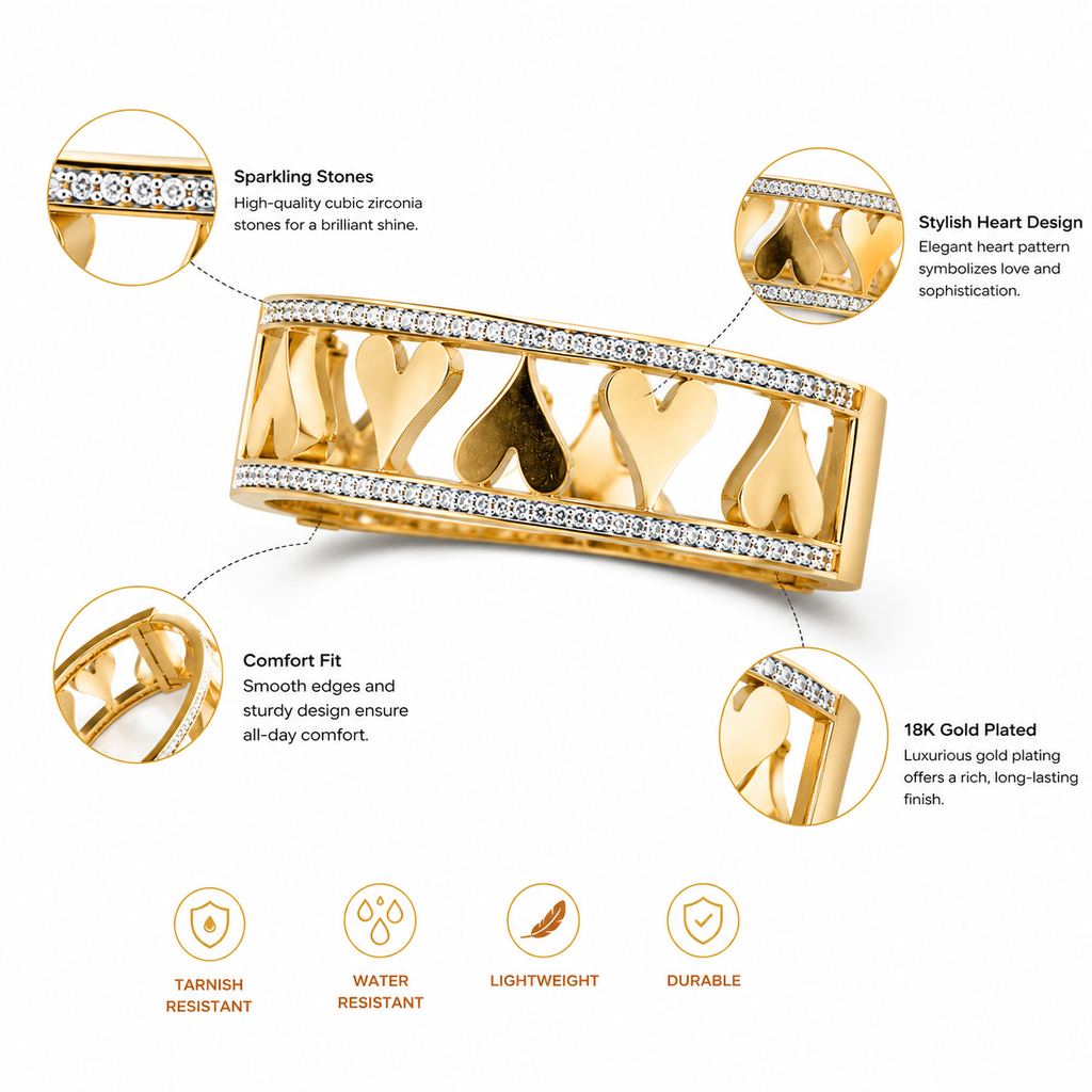 9K Gold Crystal Heart Bracelet for Women | Adjustable Love Cuff