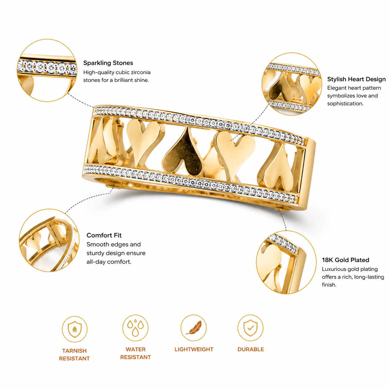9K Gold Crystal Heart Bracelet for Women | Adjustable Love Cuff