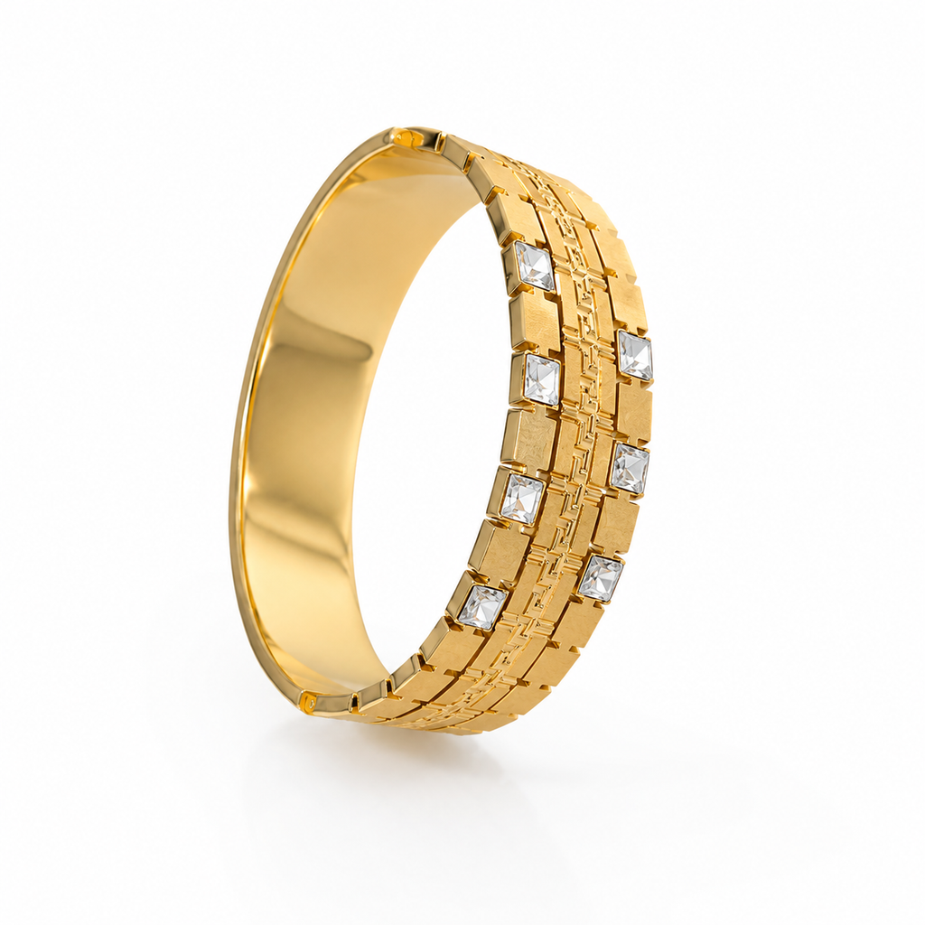 9K Gold Crystal Greek Key Bracelet for Women | Premium Designer Bangle