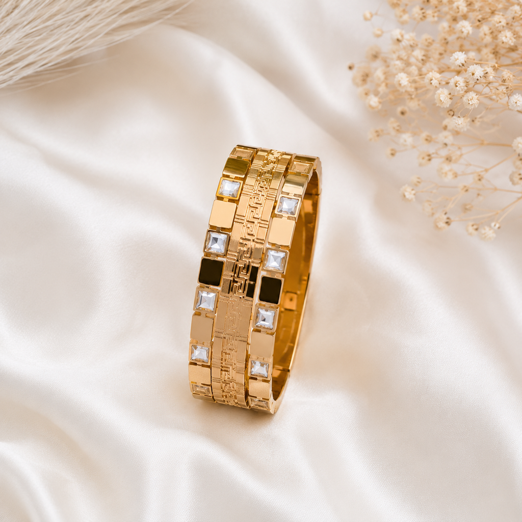 9K Gold Crystal Greek Key Bracelet for Women | Premium Designer Bangle