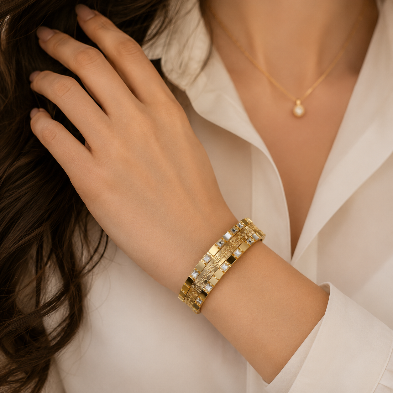 9K Gold Crystal Greek Key Bracelet for Women | Premium Designer Bangle