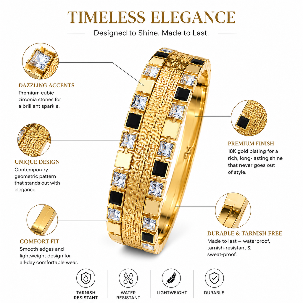9K Gold Crystal Greek Key Bracelet for Women | Premium Designer Bangle