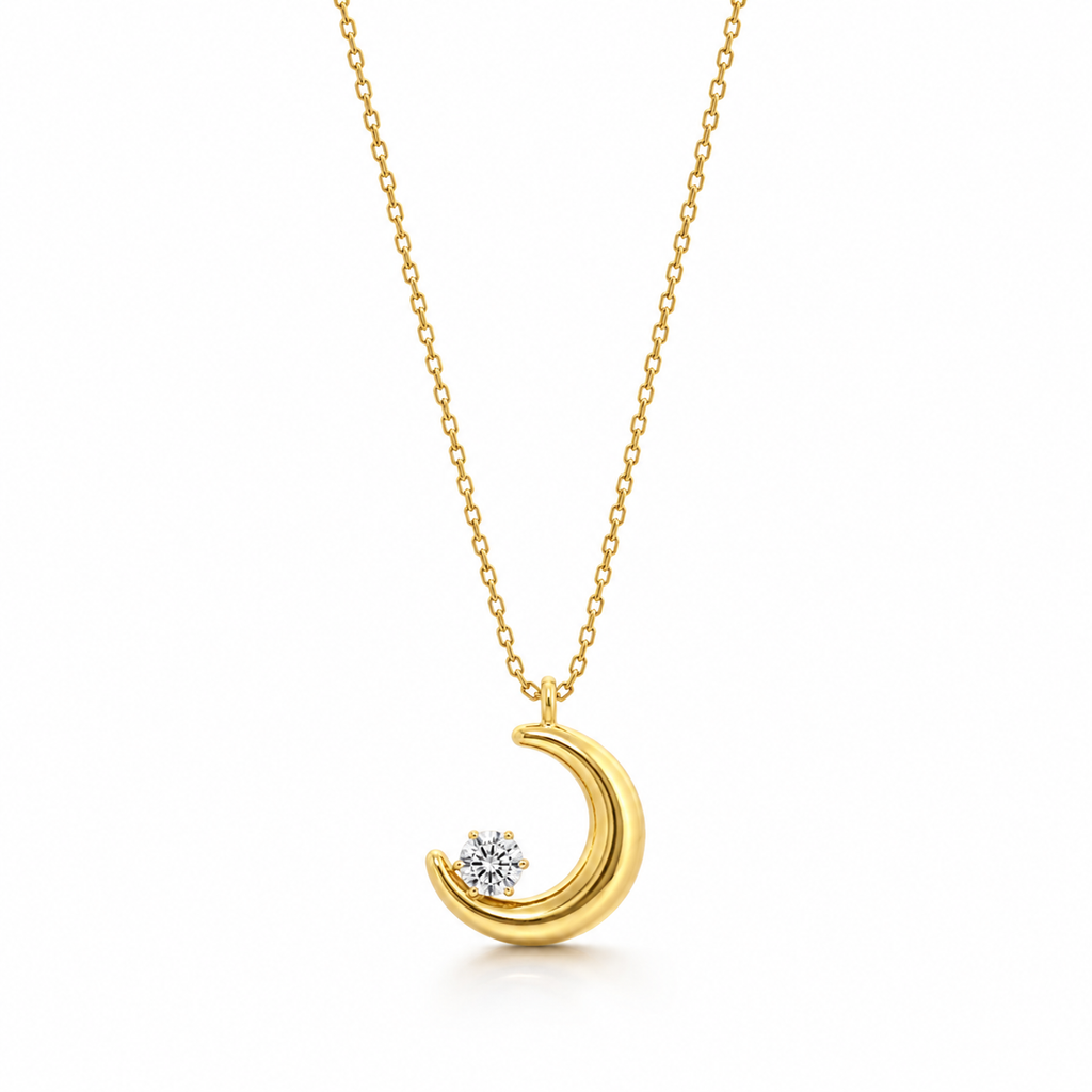 Gold Crescent Moon Necklace | CZ Diamond Pendant