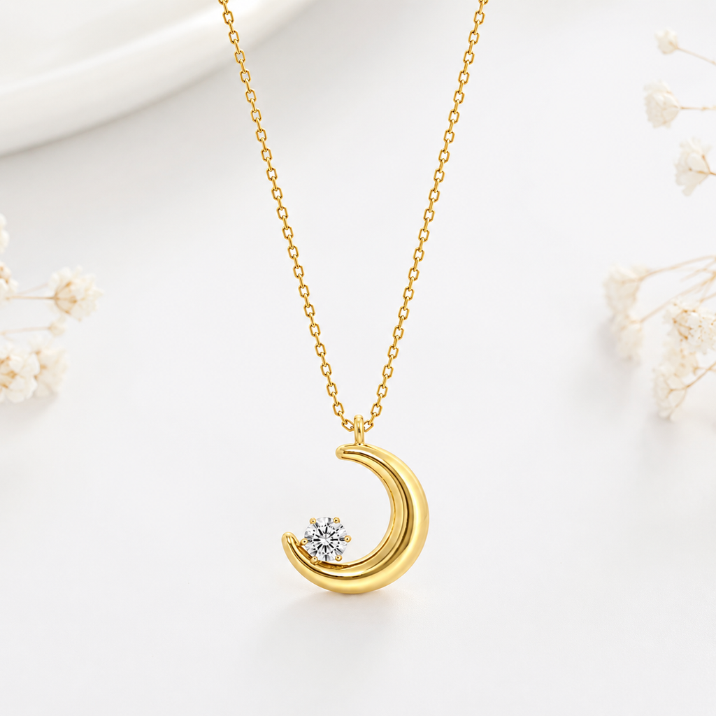 Gold Crescent Moon Necklace | CZ Diamond Pendant