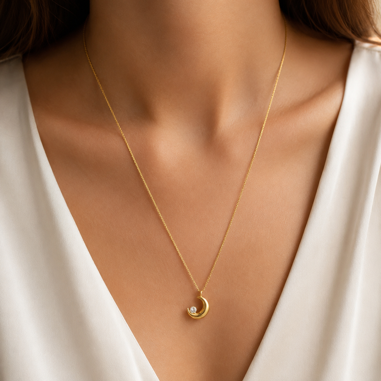 Gold Crescent Moon Necklace | CZ Diamond Pendant