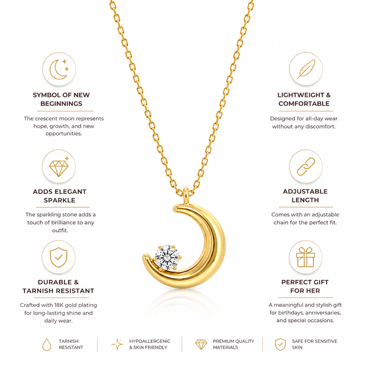 Gold Crescent Moon Necklace | CZ Diamond Pendant