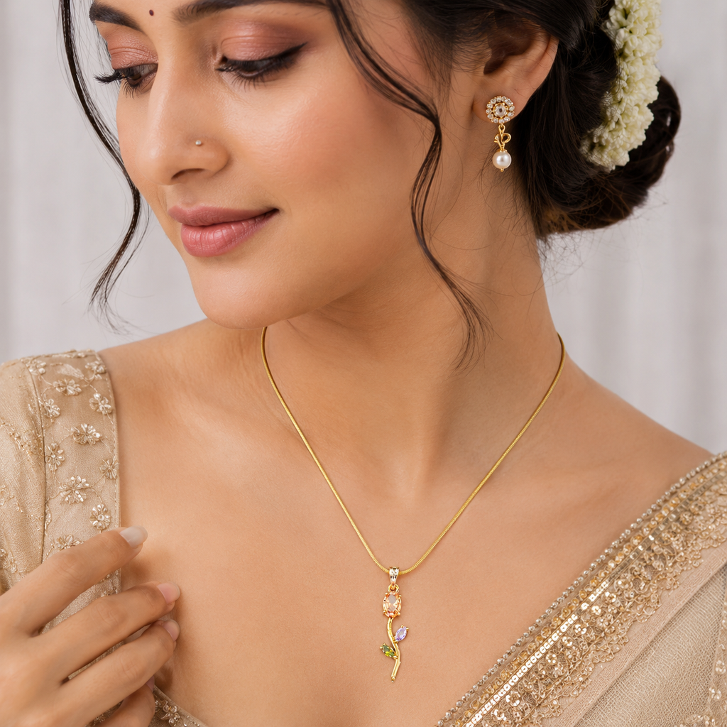 Floral Gemstone Pendant Necklace | 18K Gold Plated | Snake Chain