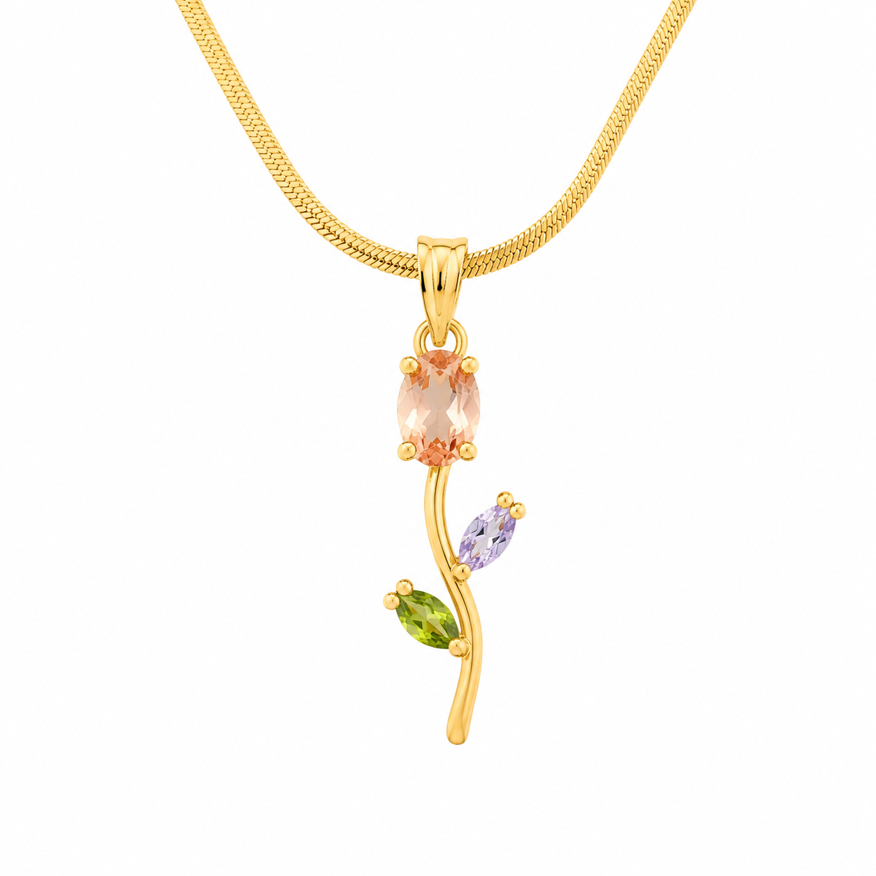 Floral Gemstone Pendant Necklace | 18K Gold Plated | Snake Chain