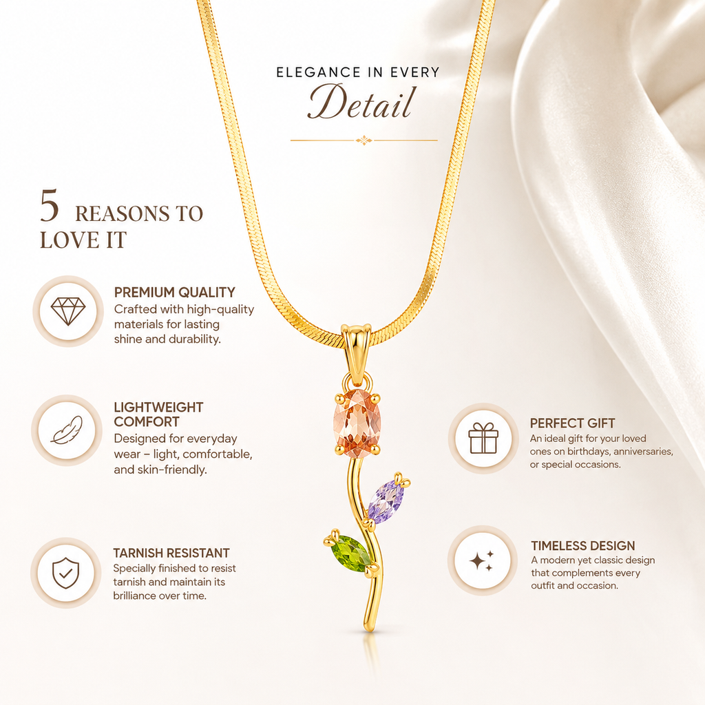 Floral Gemstone Pendant Necklace | 18K Gold Plated | Snake Chain