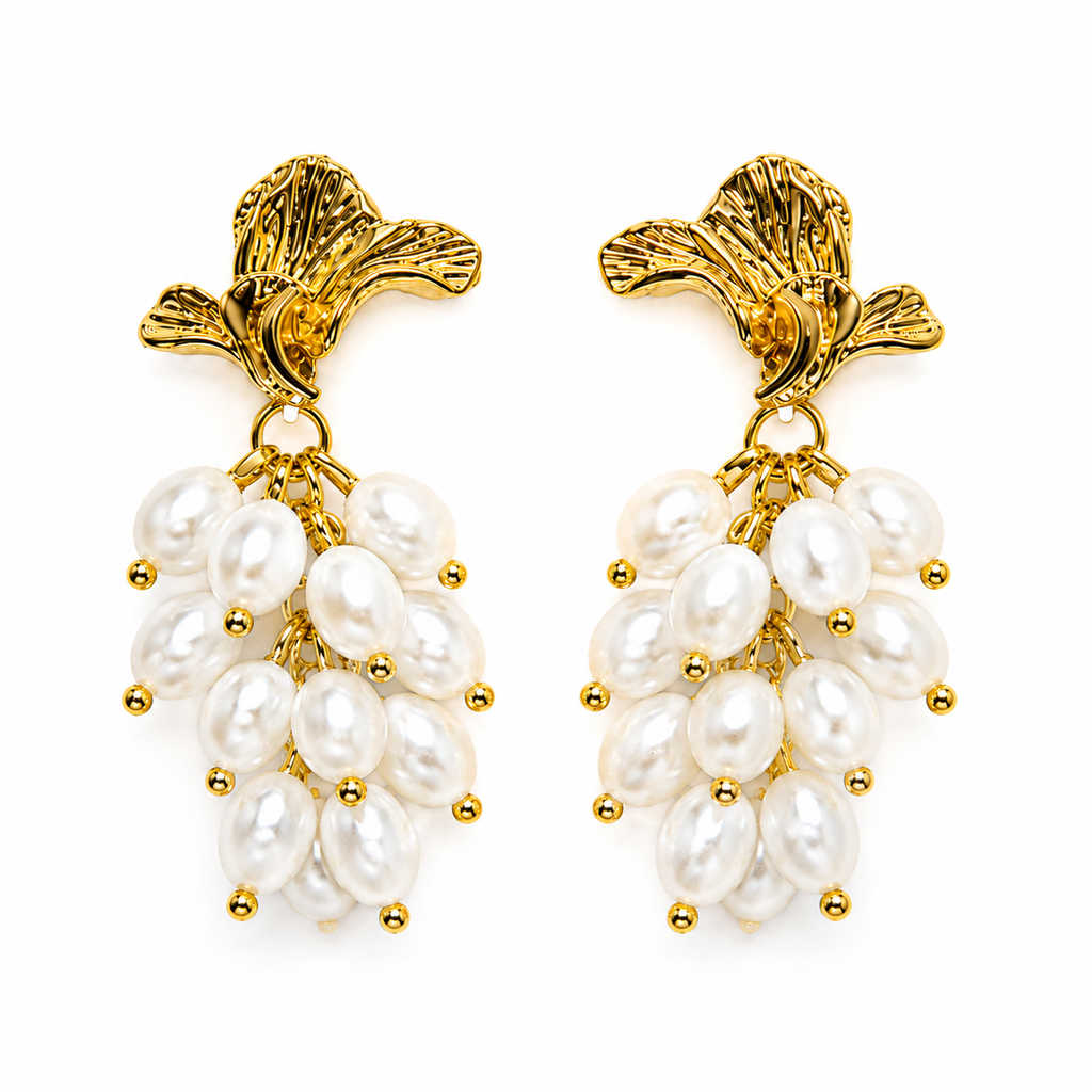 Gold Plated Floral Pearl Drop Earrings for Women | Anti-Tarnish Statement Earrings