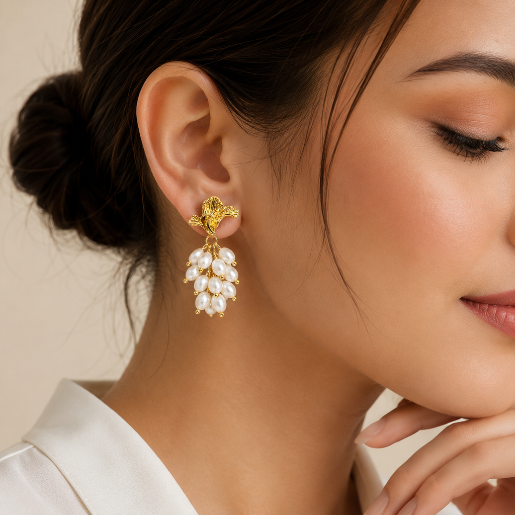 Gold Plated Floral Pearl Drop Earrings for Women | Anti-Tarnish Statement Earrings