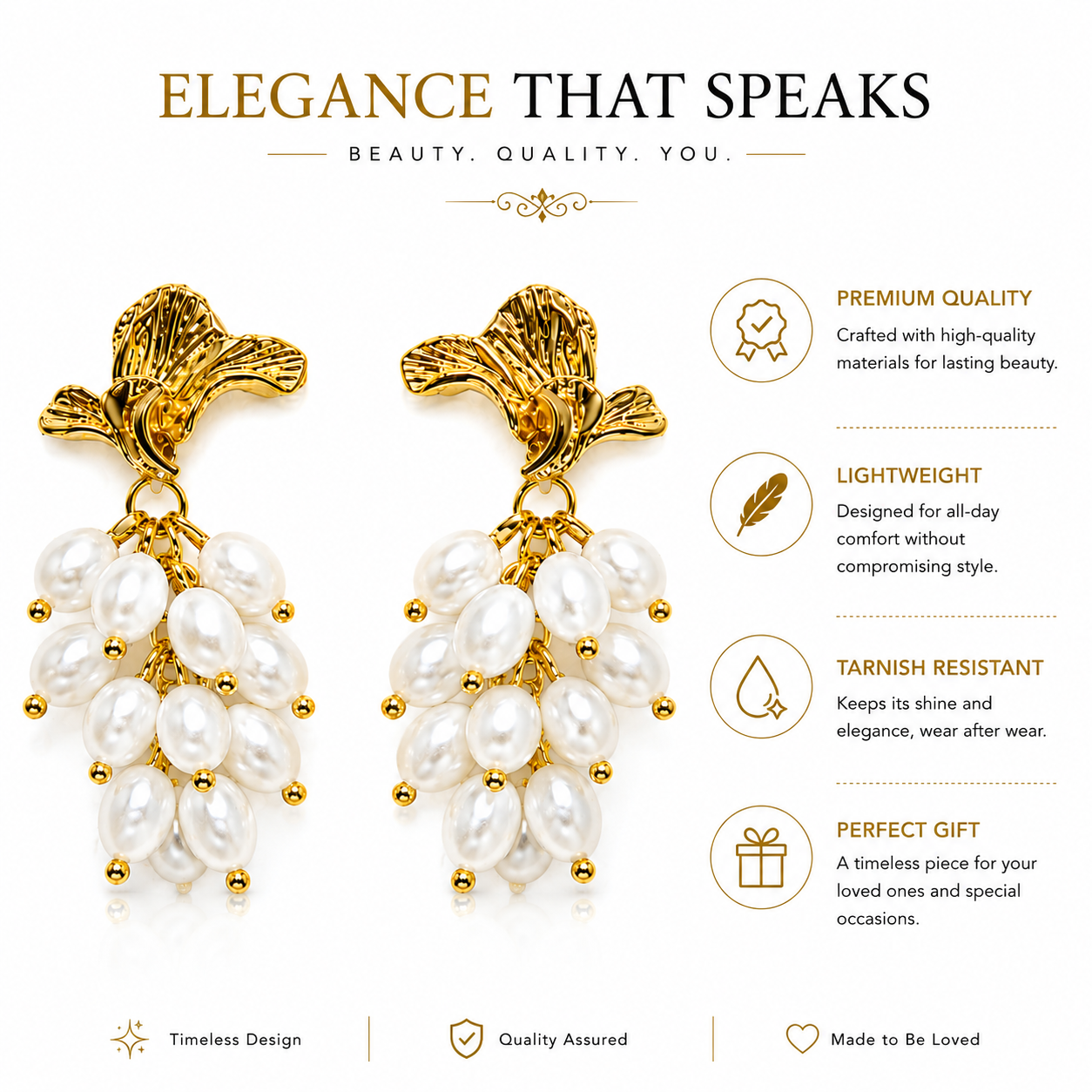 Gold Plated Floral Pearl Drop Earrings for Women | Anti-Tarnish Statement Earrings