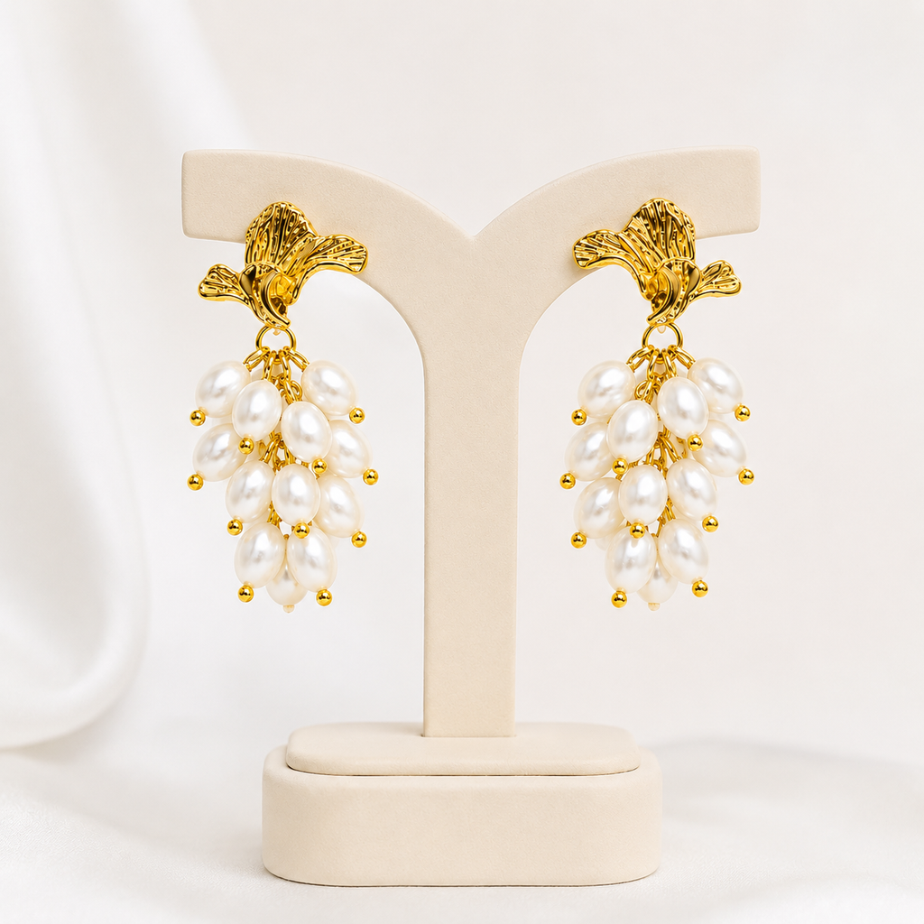 Gold Plated Floral Pearl Drop Earrings for Women | Anti-Tarnish Statement Earrings