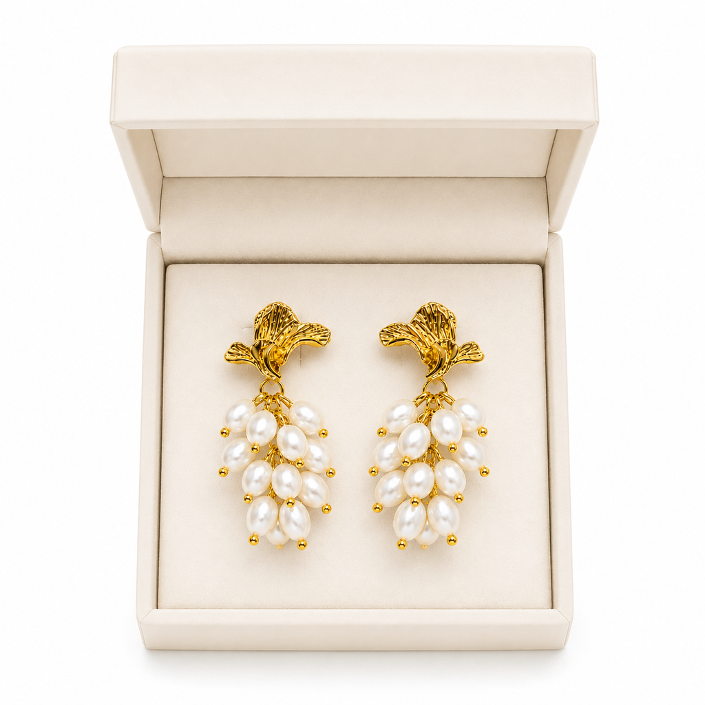 Gold Plated Floral Pearl Drop Earrings for Women | Anti-Tarnish Statement Earrings