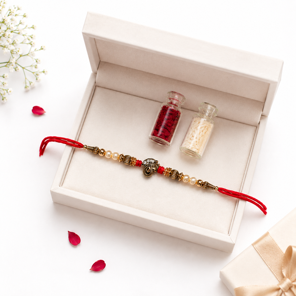 Antique Designer Rakhi for Brother with Pearl Beads