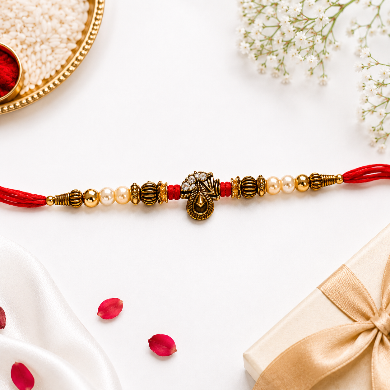 Antique Designer Rakhi for Brother with Pearl Beads