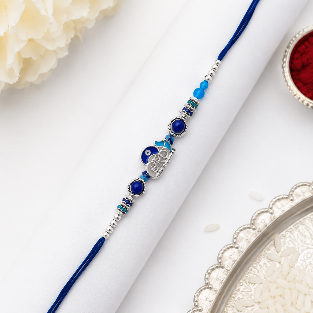 Premium Om Evil Eye Designer Rakhi for Brother – Silver Finish