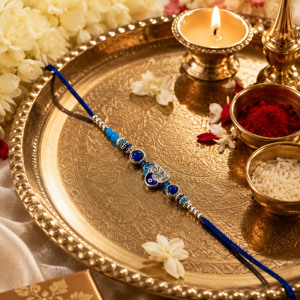 Premium Om Evil Eye Designer Rakhi for Brother – Silver Finish