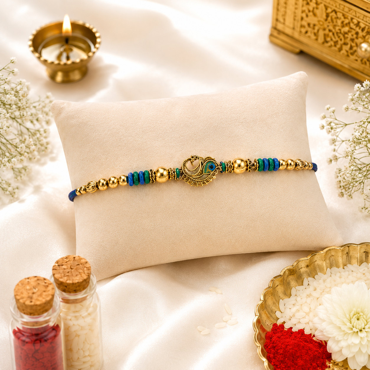 Premium Peacock Designer Rakhi for Brother – Gold Finish