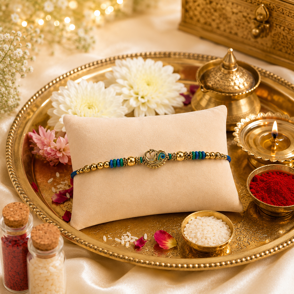 Premium Peacock Designer Rakhi for Brother – Gold Finish