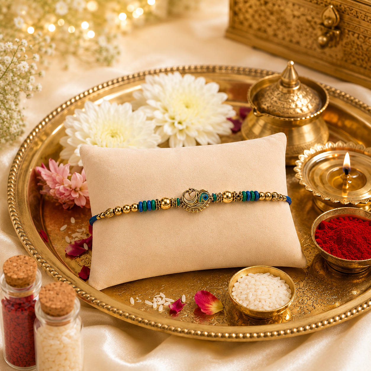 Premium Peacock Designer Rakhi for Brother – Gold Finish