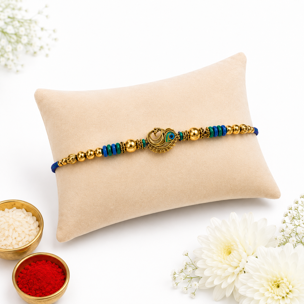 Premium Peacock Designer Rakhi for Brother – Gold Finish