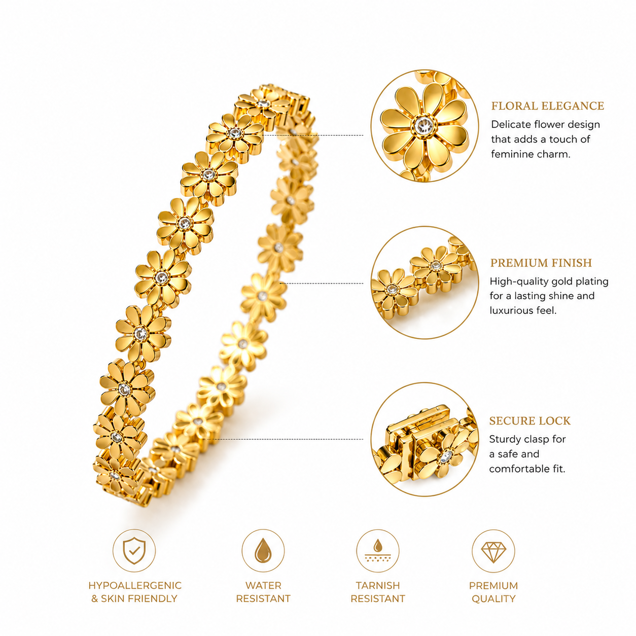 Floral Daisy Gold Bracelet for Women | Anti Tarnish & Waterproof