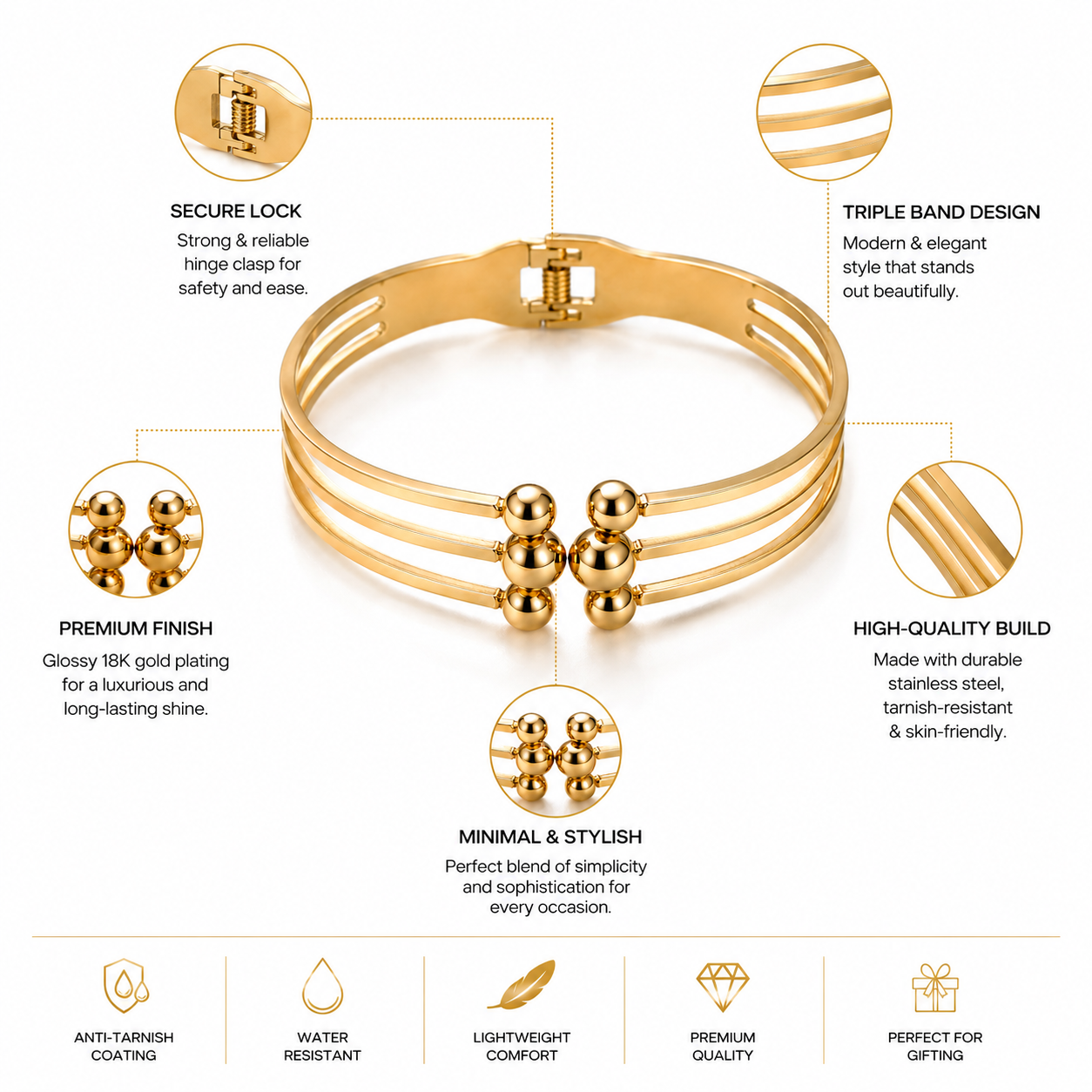Elegant Triple Layer Gold Cuff Bracelet for Women | Anti Tarnish & Waterproof