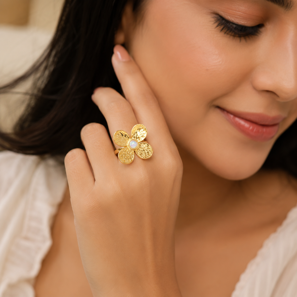 Golden Bloom Adjustable Floral Ring | 18K Gold Plated Anti Tarnish Ring