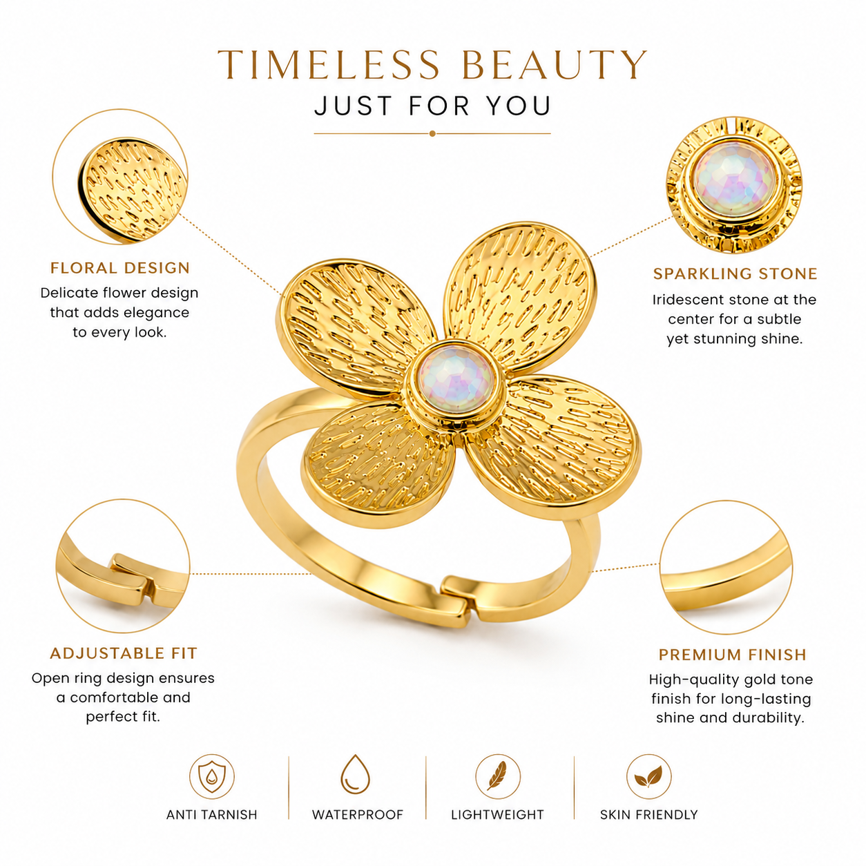 Golden Bloom Adjustable Floral Ring | 18K Gold Plated Anti Tarnish Ring