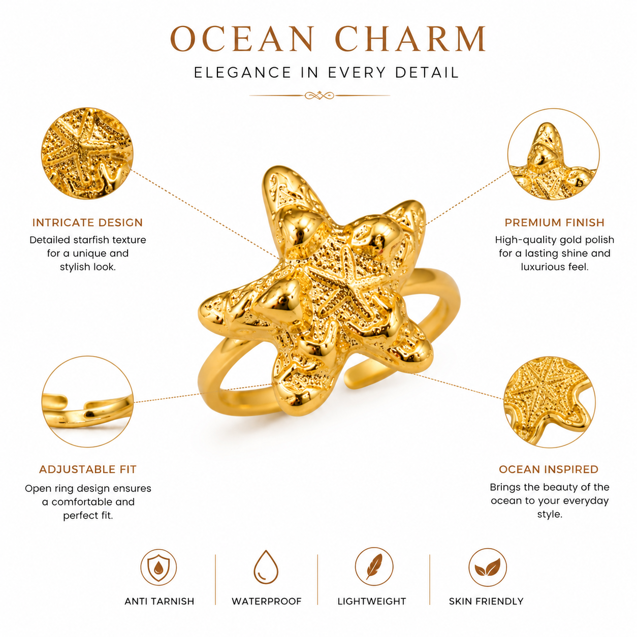 Golden Star Adjustable Ring | 18K Gold Plated Anti Tarnish Ring