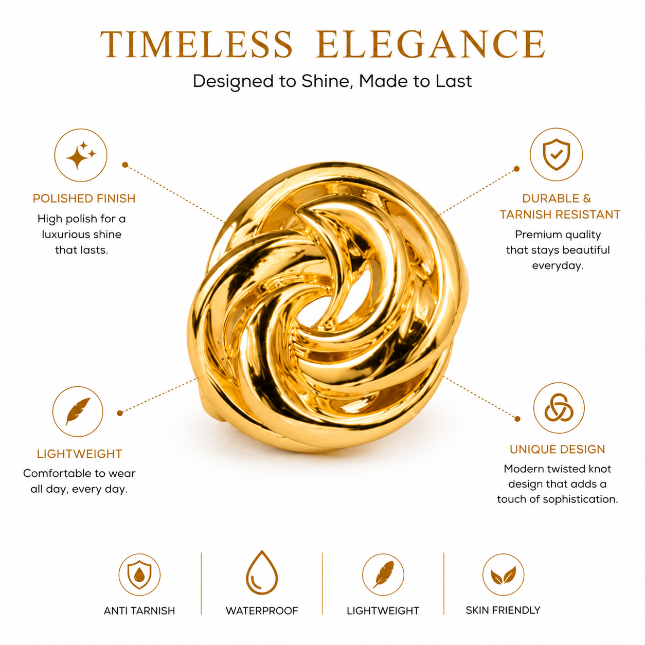 Golden Infinity Knot Adjustable Ring | 18K Gold Plated Anti Tarnish Ring