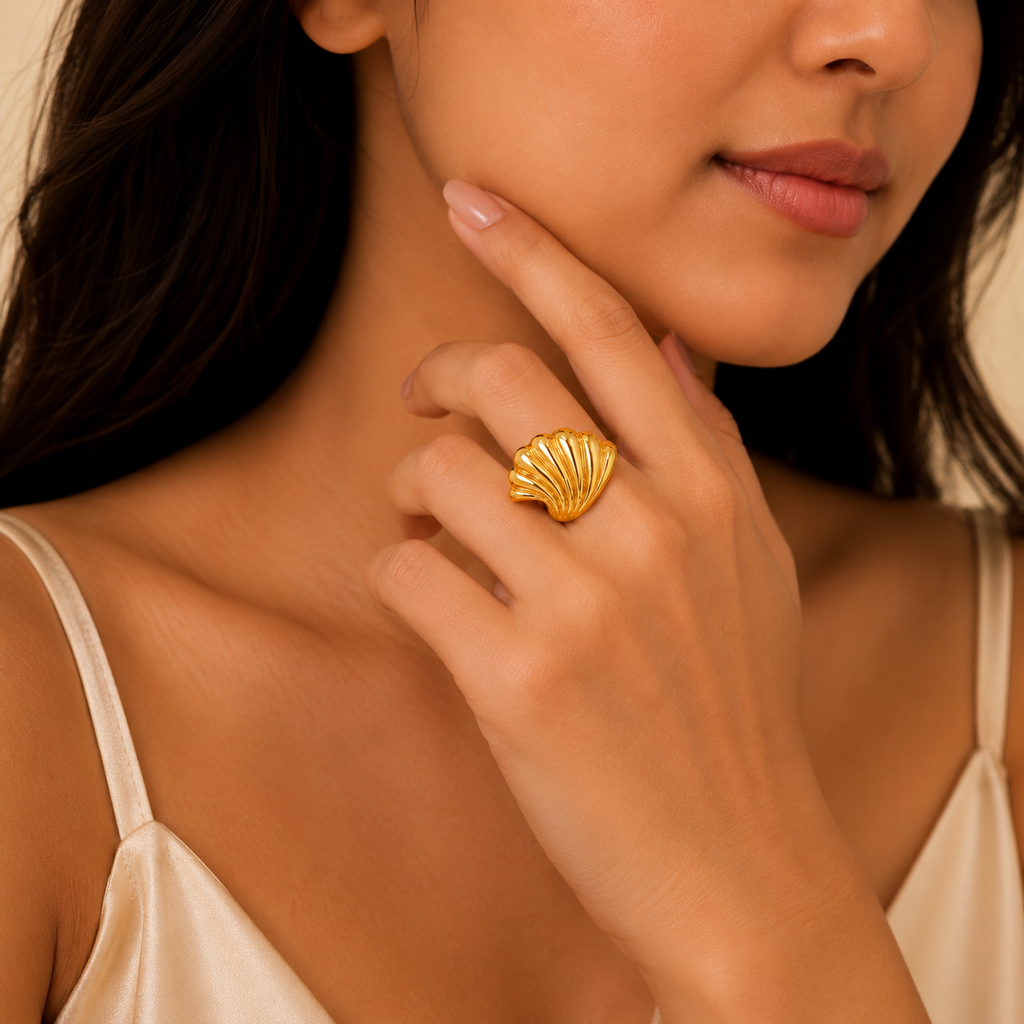 Golden Seashell Adjustable Ring | 18K Gold Plated Anti Tarnish Ring