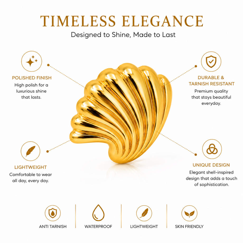 Golden Seashell Adjustable Ring | 18K Gold Plated Anti Tarnish Ring
