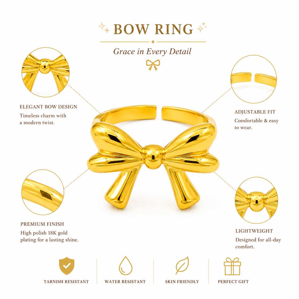 Golden Bow Adjustable Ring | 18K Gold Plated Anti Tarnish Ring