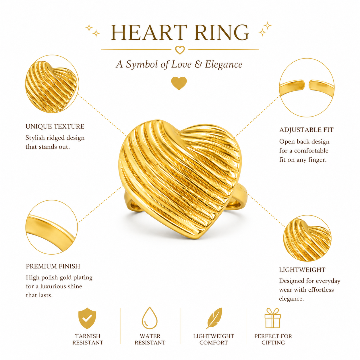 Golden Heart Adjustable Ring | 18K Gold Plated Anti Tarnish Ring