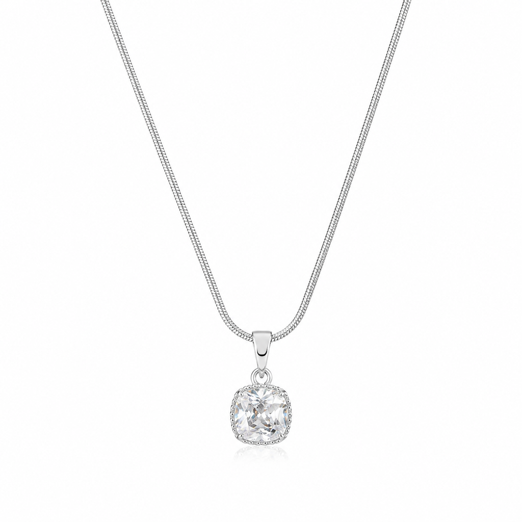 Silver Crystal Pendant Necklace for Women – Elegant Cushion Cut Pendant